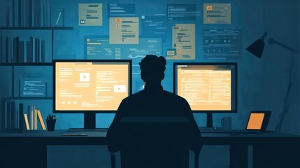 Poster - A businessman working on a computer with many charts and graphs on the screen.