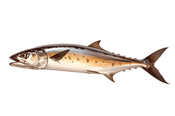 Poster - detailed illustration of mackerel fish with shiny, streamlined body and distinct markings, isolated on white background. image highlights fish natural beauty and sleek form
