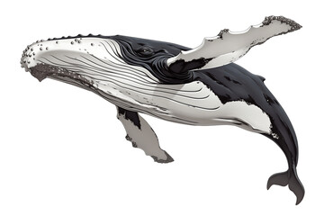 Poster - majestic baleen whale gracefully swims, showcasing its distinct black and white patterns and textured skin, isolated on white background