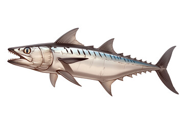 Poster - sleek barracuda with sharp teeth and streamlined body is isolated on white background, showcasing its predatory nature and distinctive features