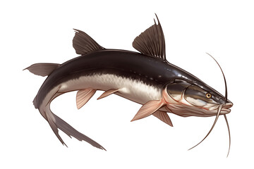 Poster - Bullhead catfish isolated on white background, showcasing its distinctive whiskers and sleek body. fish unique features are highlighted in this detailed illustration