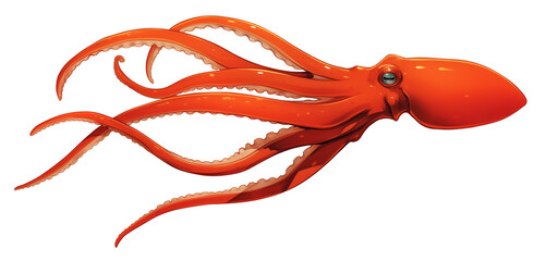 Poster - vibrant orange giant squid is isolated on white background, showcasing its long tentacles and streamlined body. squid smooth texture and striking color create captivating image
