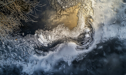 Canvas Print - Frozen Ice Slab: Subzero River Confluence and Frosty Woodland Outline with Space