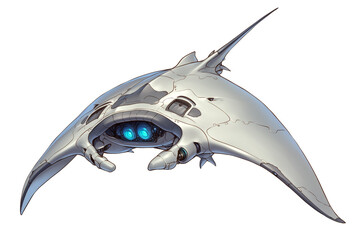 Aufkleber - Futuristic robotic manta ray with sleek design and glowing blue elements, isolated on white background. mechanical structure showcases advanced technology and innovation
