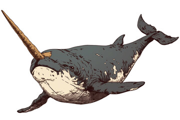 Poster - narwhal with long tusk is illustrated against white background, showcasing its unique features and marine beauty