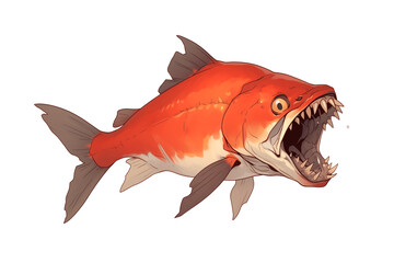 Poster - fierce piranha with sharp teeth is isolated on white background, showcasing its vibrant orange and silver scales. fish aggressive expression highlights its predatory nature
