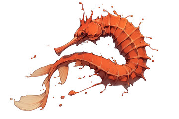 Poster - orange seahorse gracefully floats against white background, showcasing its unique spiral shape and textured body. vibrant color and intricate details highlight beauty of marine life