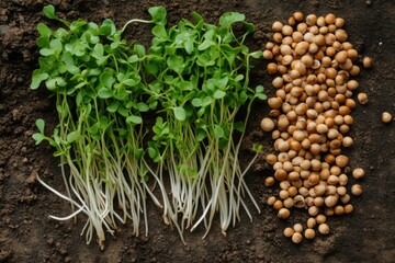 Aufkleber - A vibrant display of fresh green sprouts alongside beige seeds on dark soil, highlighting the nurturing process of plant growth. Generative AI