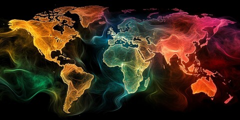 Poster - Colorful world map with smoke effect, illustrating global connectivity and energy.