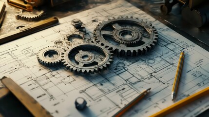 Poster - Intricately detailed cogs and gears sit atop a complex blueprint design, surrounded by pencils and engineering tools.