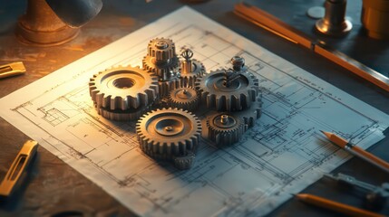 Poster - A group of metal gears on a blueprint with tools scattered around it.