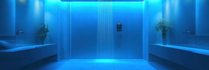 Aufkleber - A sleek bathroom equipped with a smart shower system, illuminated in soft blue light, offering modern temperature control options. Generative AI