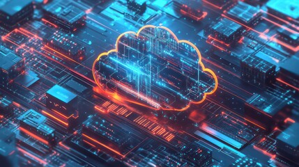 Poster - A cloud computing symbol glowing on a circuit board.