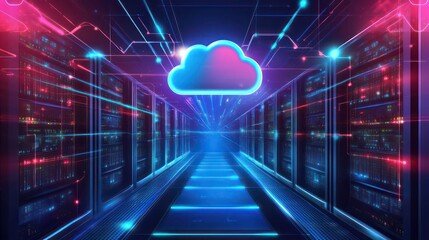 Poster - A glowing cloud icon hovers above a server room, symbolizing cloud computing and data storage.