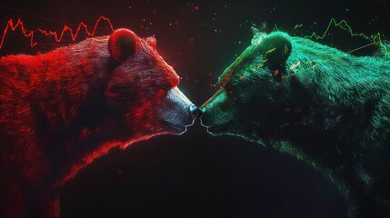 Poster - In the crypto realm: A red bear faces off with a green bull amid trading charts and graphs,