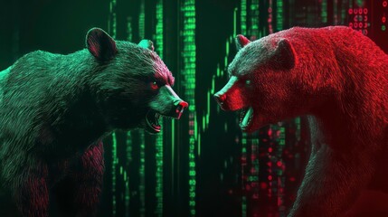 Poster - Two angry bears face each other, symbolizing a bull and bear market. The background is a matrix-like display of stock market data.
