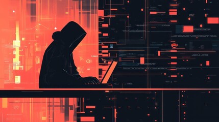 Poster - A hooded figure sits in front of a laptop, working on a project, with a glowing red digital background behind them.