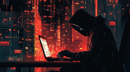 Poster - A hooded figure sits in front of a laptop, typing in a dimly lit room. The screen is lit up, displaying code, with a glowing city skyline in the background.