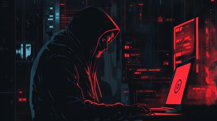 Poster - A hooded figure sits at a computer in a dark room, surrounded by digital displays, working on a mysterious project.