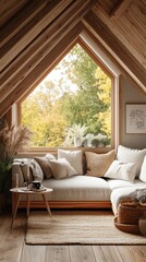 Poster - Cozy attic room with large window, wooden beams, and comfy seating area.