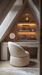 Aufkleber - Cozy attic workspace with built-in shelves, desk, and sheepskin chair.