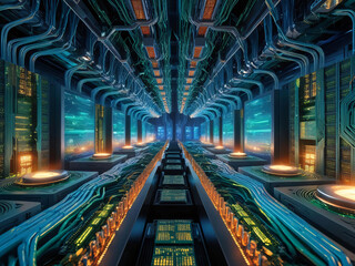 Leinwandbilder - A futuristic data center is illuminated with glowing circuits and advanced technology. Rows of illuminated servers stretch into the distance, creating a vibrant, high-tech atmosphere.