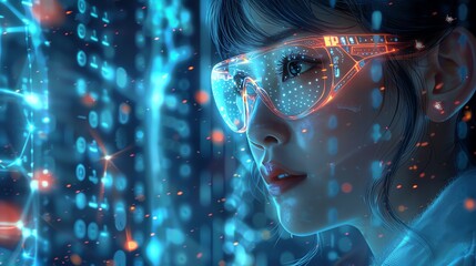 Poster - Woman in futuristic goggles examining digital data stream.