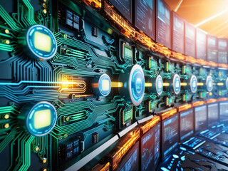 Fototapete - A detailed view of vibrant digital circuitry featuring glowing components and screens, highlighting advanced technology in a modern environment. The atmosphere is energetic and dynamic.
