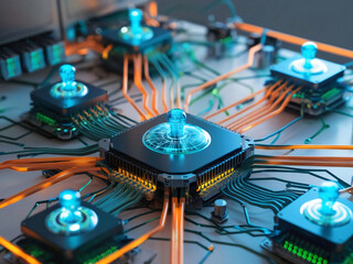 Poster - A detailed view of a circuit board featuring glowing components and intricate wiring. This composition illustrates advanced technology and modern computing at work, emphasizing innovation.
