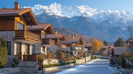 Wall Mural - Mountain village with charming wooden houses, snow-covered road and majestic snowy mountains in the background.