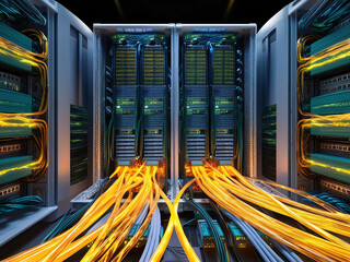 Poster - Two large server racks filled with technology display colorful fiber optic cables actively transmitting data. The environment is illuminated, highlighting the intricate wiring.