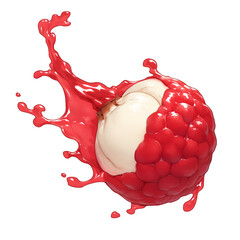 Poster - vibrant splash of lychee juice envelops fresh lychee fruit, isolated on white background, capturing essence of freshness and vitality