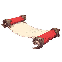 Poster - ancient magic scroll with red handles and intricate designs, isolated on white background, evokes sense of mystery and enchantment