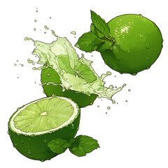 Poster - Fresh limes and mint leaves splash in mid air, creating vibrant and refreshing scene. dynamic motion captures essence of zesty and invigorating beverage ingredient