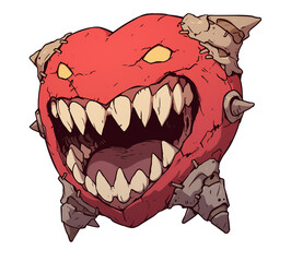 Poster - fierce, monstrous heart with sharp teeth and spikes, isolated on white background, exuding sense of danger and intensity