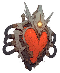 Poster - mechanical heart with glowing red core, surrounded by intricate metal and wires, isolated on white background. design is futuristic and evokes sense of innovation and emotion