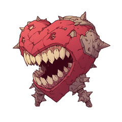 Poster - monstrous heart with sharp teeth and spikes, isolated on white background, exudes fierce and intimidating presence