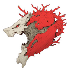 Poster - surreal, monstrous heart with intricate red and white textures, resembling fusion of organic and skeletal forms, isolated on white background