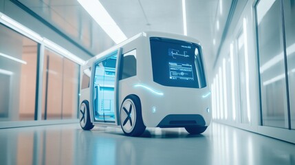 Fototapete - A futuristic AI-driven autonomous medical transport vehicle, clean hospital environment with advanced navigation and patient transport technology, Medical style