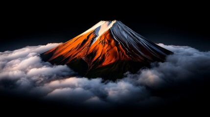 Wall Mural - Majestic Mount Fuji at Sunrise: A breathtaking view of Mount Fuji, its peak bathed in the golden light of sunrise, piercing through a sea of clouds. Serene and majestic.