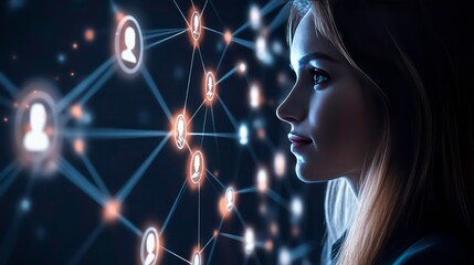 Poster - A young woman looks at a digital network of connected people.