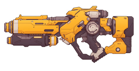 Poster - futuristic yellow and black sci fi weapon with intricate mechanical details and sleek design, isolated on white background