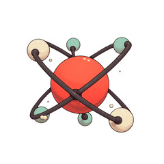 Poster - stylized atomic model with red nucleus and orbiting electrons, representing scientific concept in flat design on white background