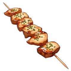 Poster - Juicy teriyaki chicken skewers garnished with fresh chives, isolated on white background, showcasing delicious and appetizing presentation. Perfect for grilling and enjoying