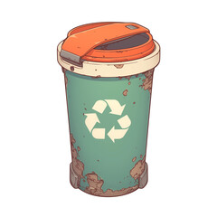 Poster - weathered trash bin with recycling symbol, featuring flat design and isolated on white background, evokes sense of environmental awareness