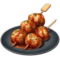 Poster - Savory turkey meatballs glazed with sauce, garnished with herbs, and served on skewers on dark plate. Perfect for appetizers or snacks, these meatballs are both delicious and visually appealing