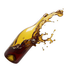 Poster - dynamic splash of white wine captured mid air as it pours from tilted bottle, isolated on white background, showcasing fluid motion and vibrant color of liquid