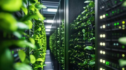 Poster - Green plants growing on server racks in a data center, symbolizing sustainable technology.