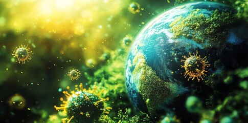 Poster - Earth enveloped by viruses amidst a vibrant green landscape, sunlit.