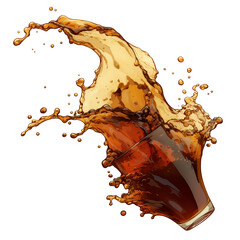 Poster - dynamic splash of black tea captured mid air, isolated on white background, showcasing vibrant amber hues and fluid motion